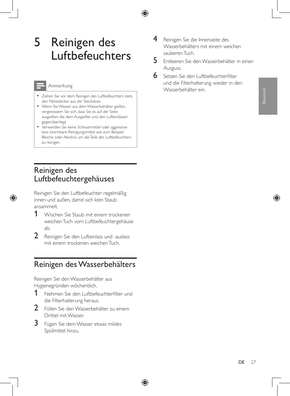 5 reinigen des luftbefeuchters, Reinigen des luftbefeuchtergehäuses, Reinigen des wasserbehälters | Philips Luftbefeuchter User Manual | Page 27 / 116