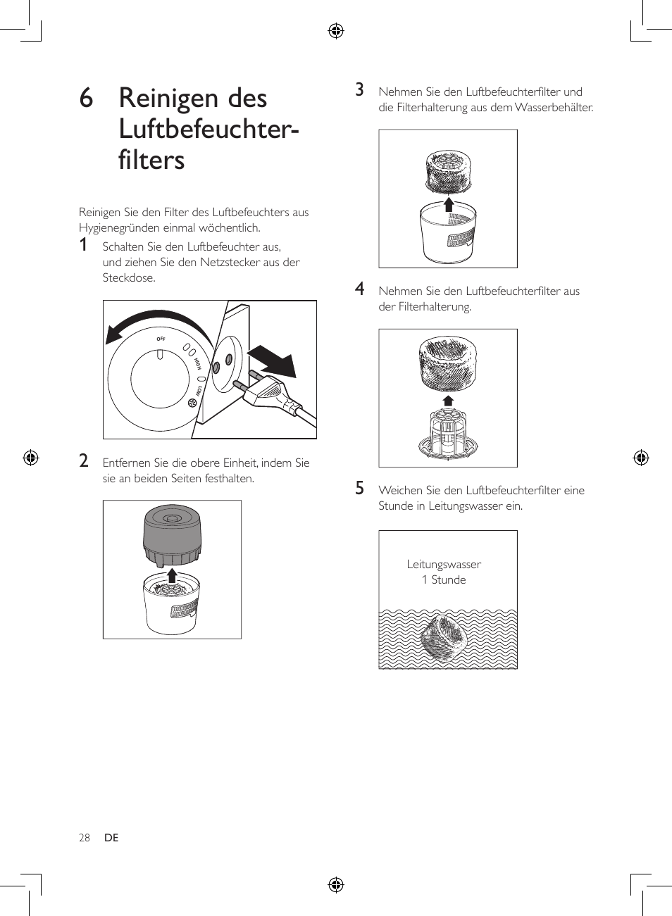 6 reinigen des luftbefeuchter- filters | Philips Luftbefeuchter User Manual | Page 28 / 116