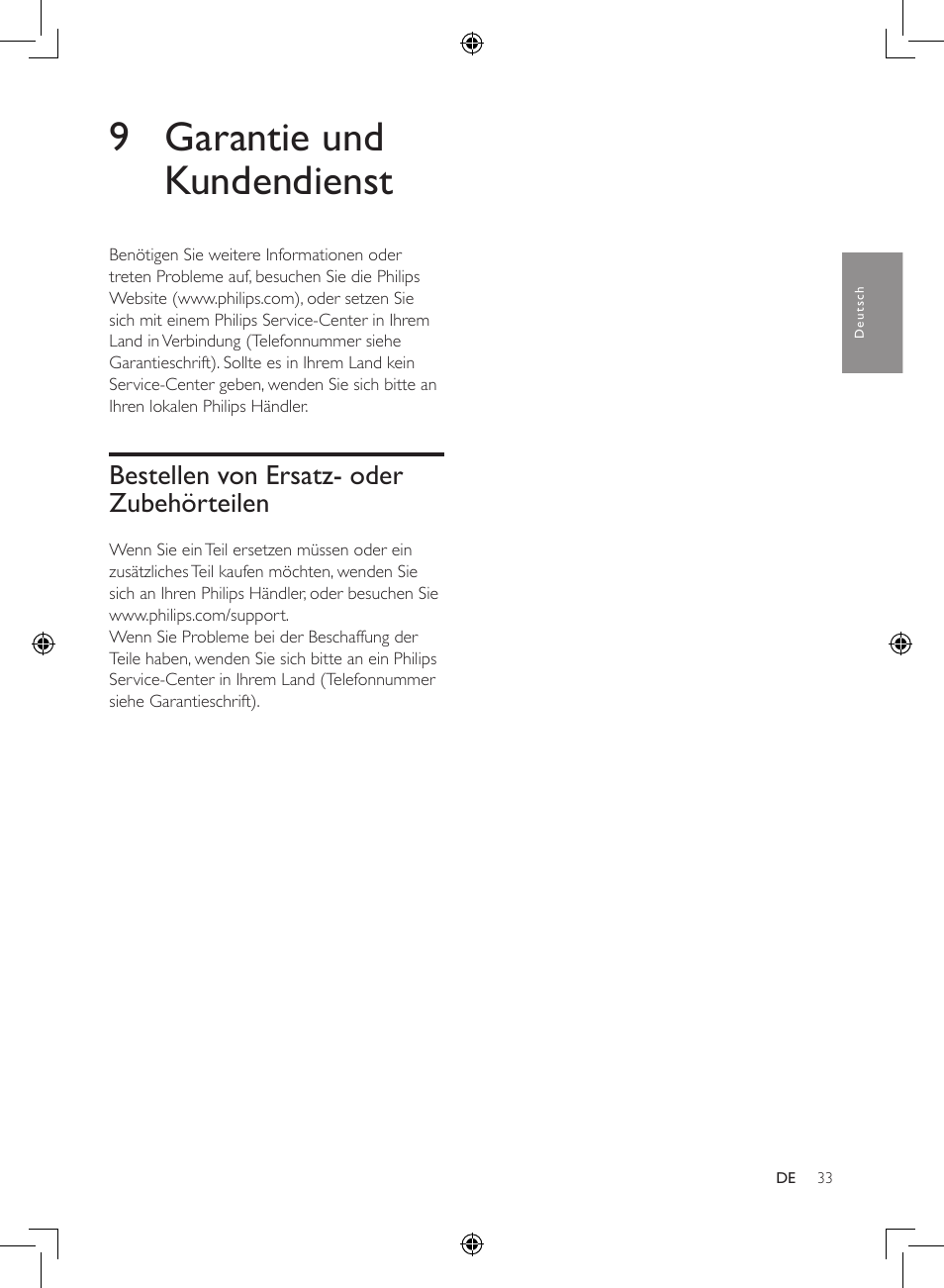 9 garantie und kundendienst, Bestellen von ersatz- oder zubehörteilen | Philips Luftbefeuchter User Manual | Page 33 / 116