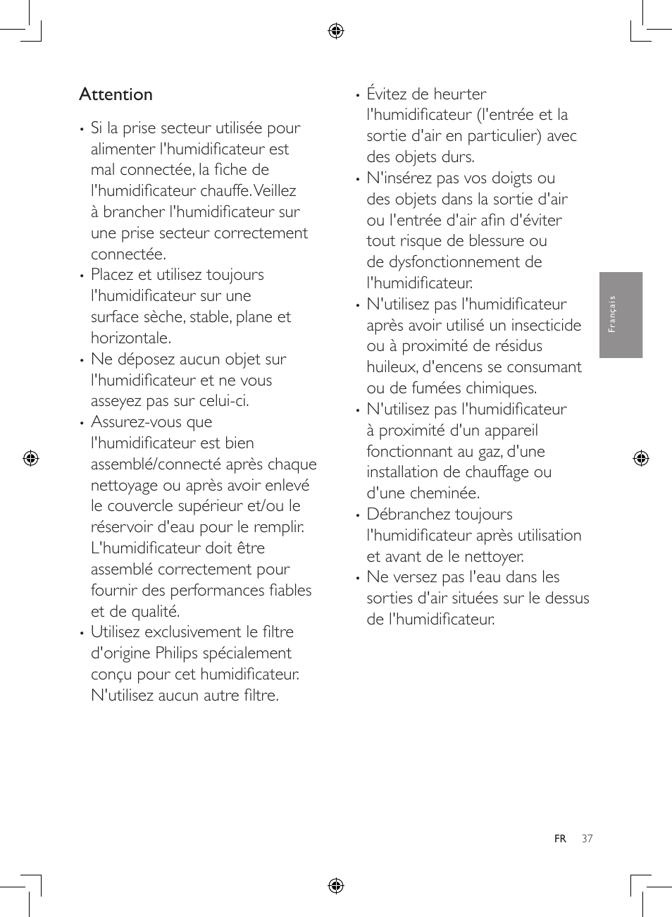 Attention | Philips Luftbefeuchter User Manual | Page 37 / 116