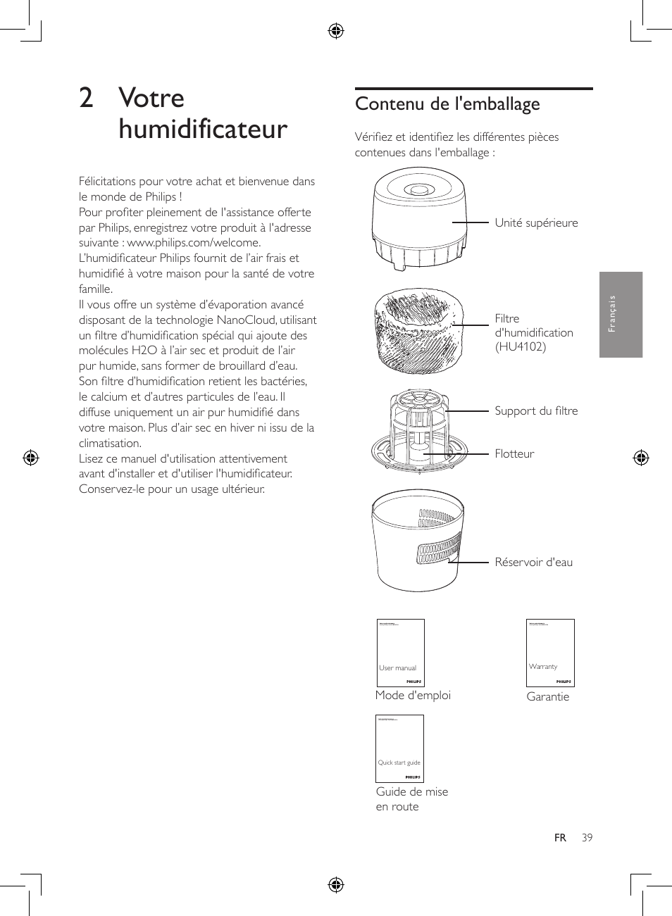 2 votre humidificateur, Contenu de l'emballage | Philips Luftbefeuchter User Manual | Page 39 / 116