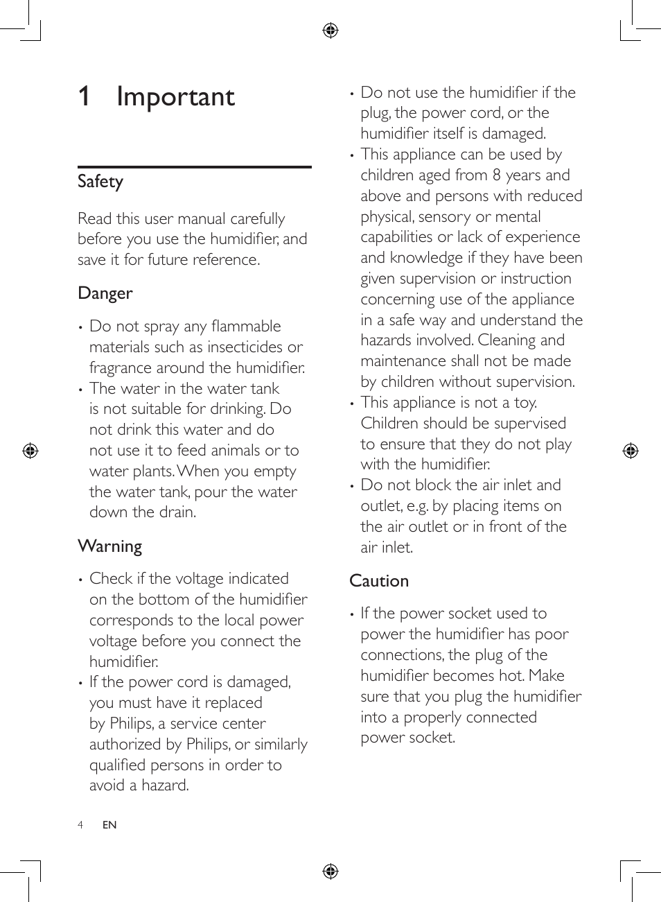 1 important, Safety, Danger | Warning, Caution | Philips Luftbefeuchter User Manual | Page 4 / 116