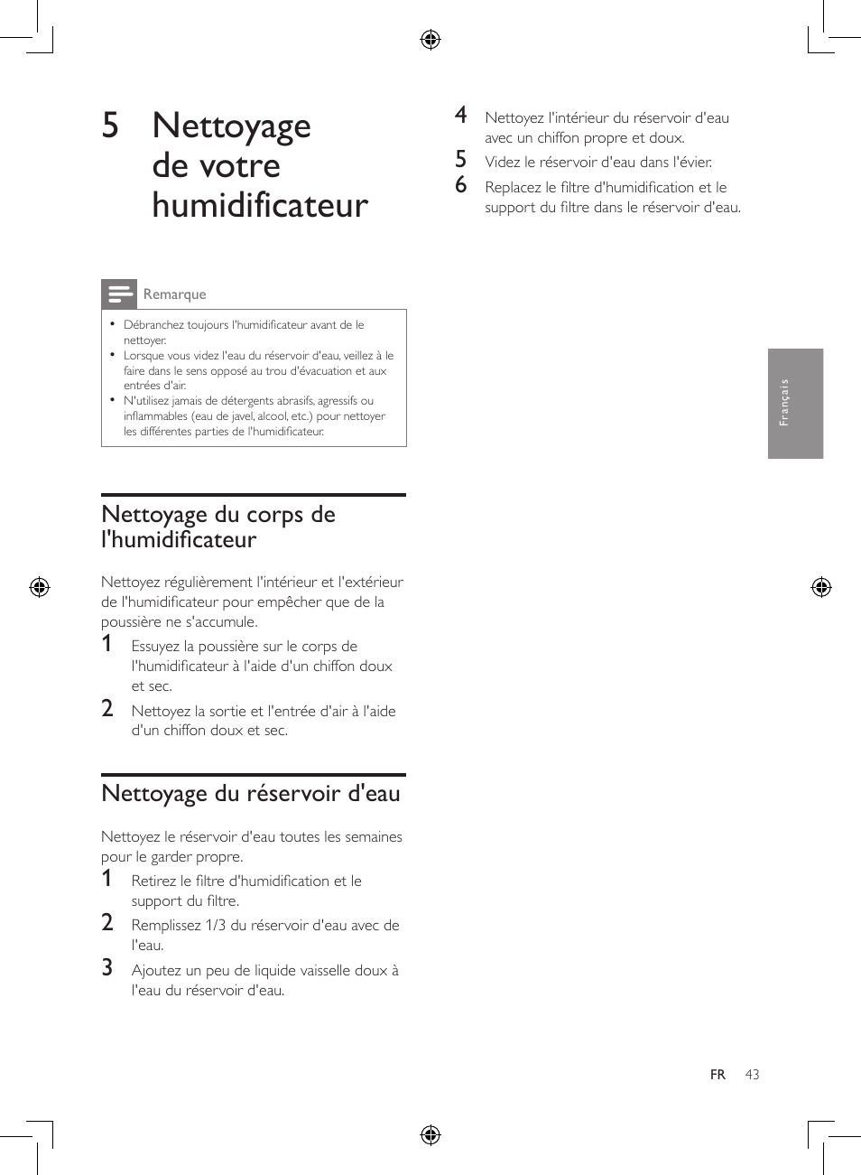 5 nettoyage de votre humidificateur, Nettoyage du corps de l'humidificateur, Nettoyage du réservoir d'eau | Philips Luftbefeuchter User Manual | Page 43 / 116