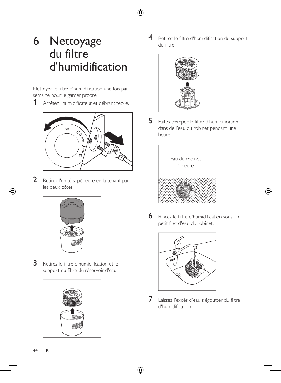 6 nettoyage du filtre d'humidification | Philips Luftbefeuchter User Manual | Page 44 / 116