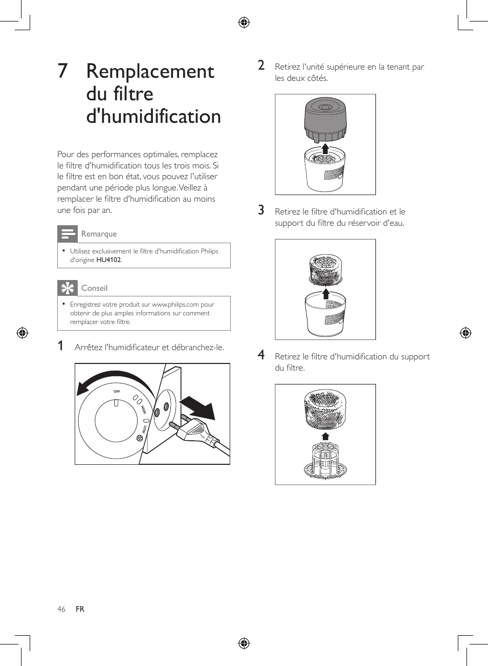 7 remplacement du filtre d'humidification | Philips Luftbefeuchter User Manual | Page 46 / 116