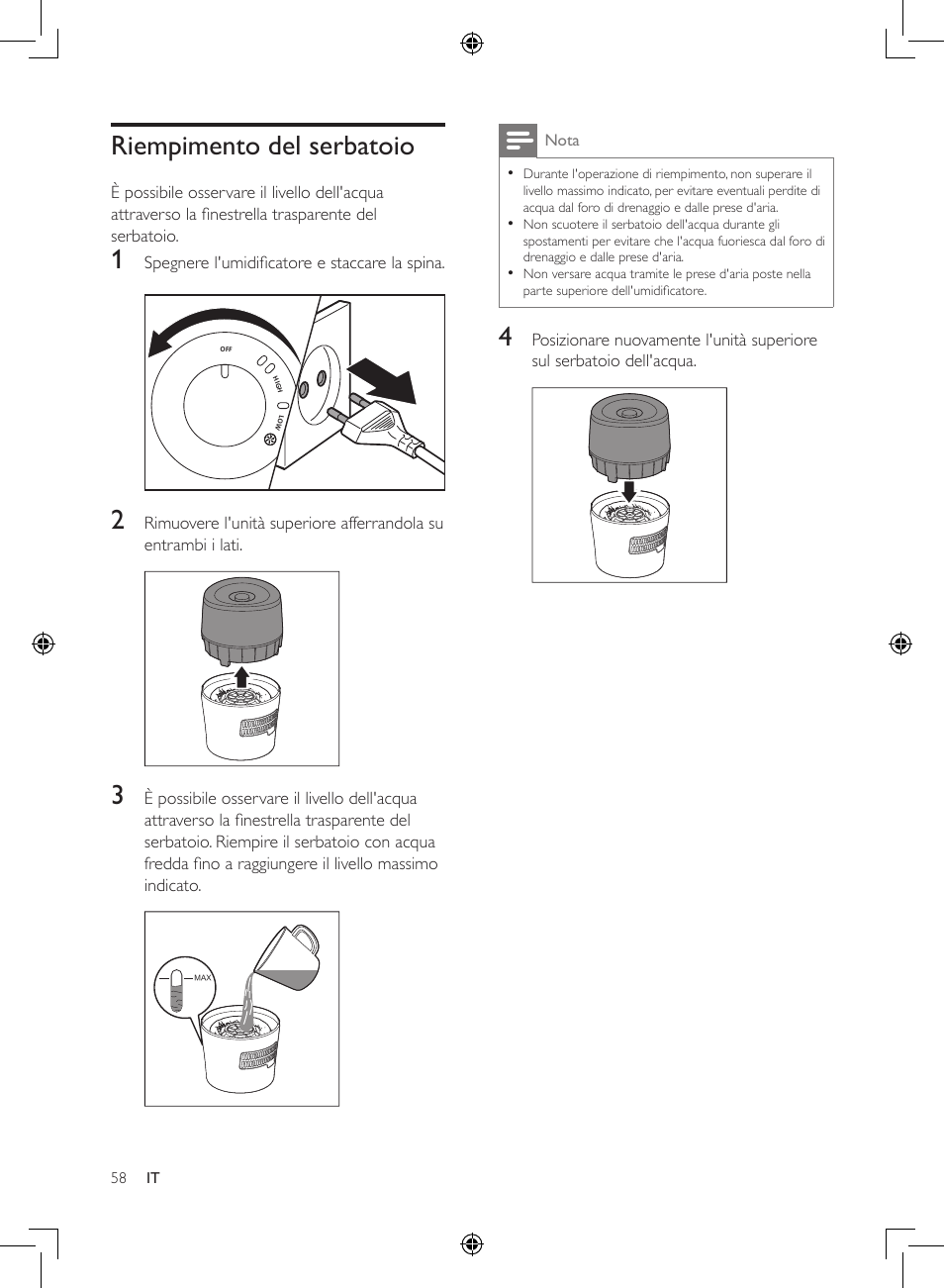 Riempimento del serbatoio | Philips Luftbefeuchter User Manual | Page 58 / 116