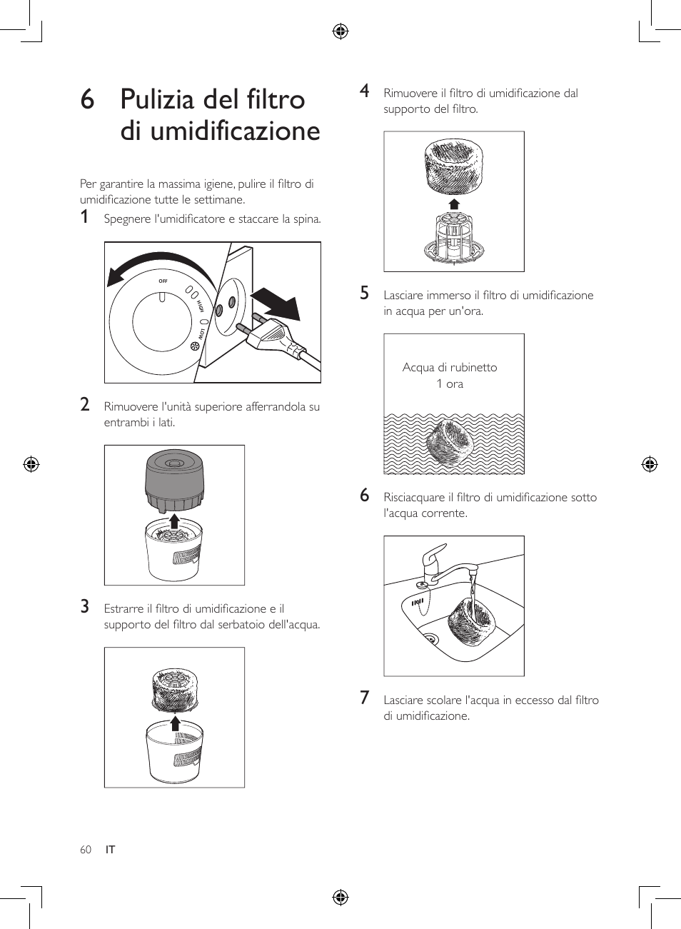 6 pulizia del filtro di umidificazione | Philips Luftbefeuchter User Manual | Page 60 / 116