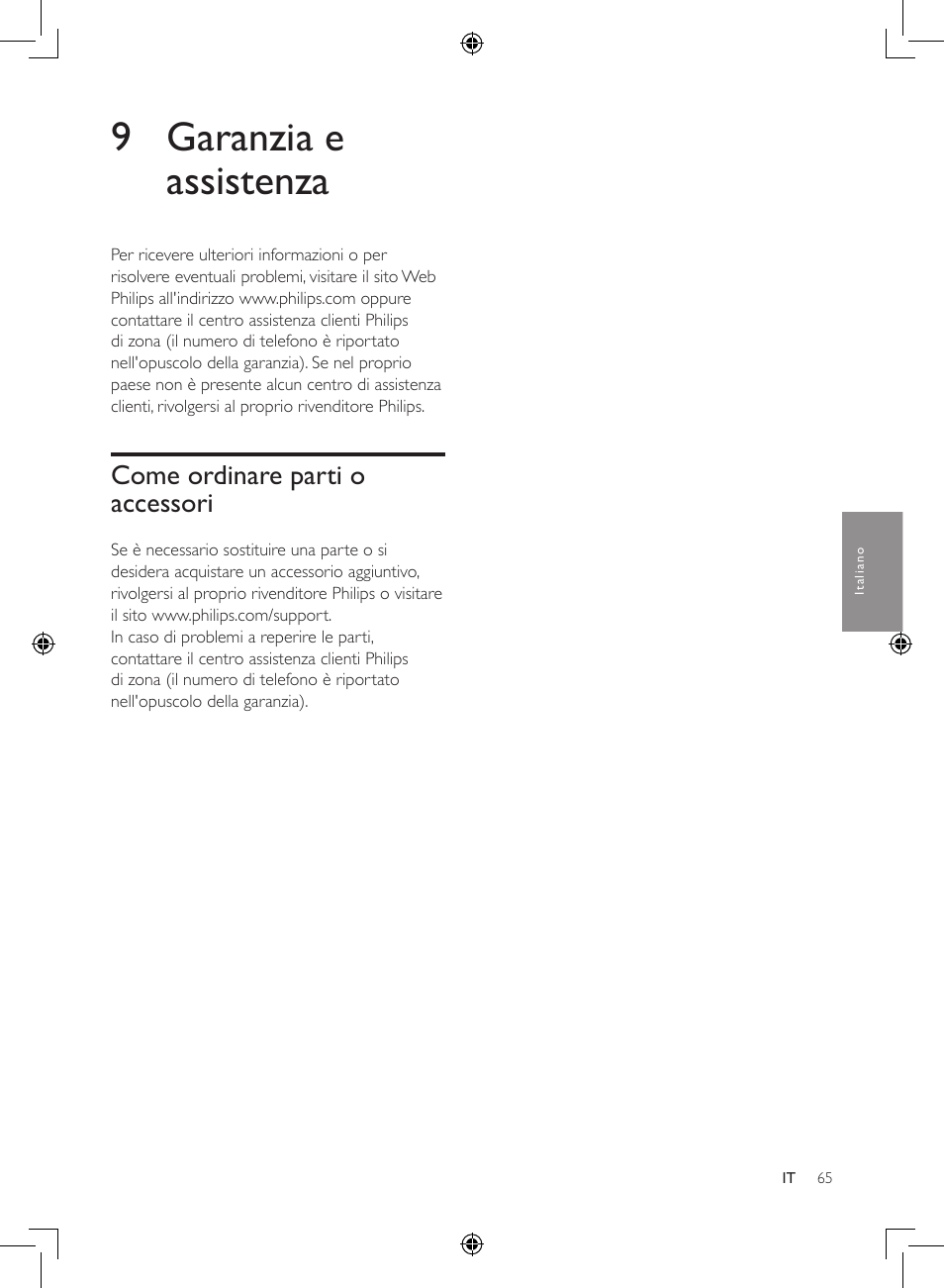 9 garanzia e assistenza, Come ordinare parti o accessori | Philips Luftbefeuchter User Manual | Page 65 / 116
