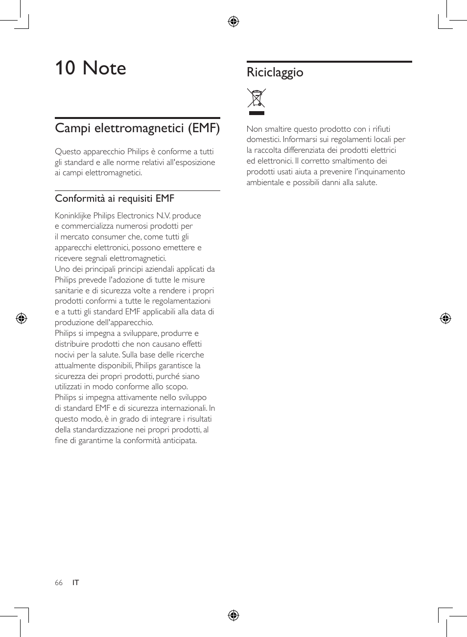 Riciclaggio, Campi elettromagnetici (emf) | Philips Luftbefeuchter User Manual | Page 66 / 116