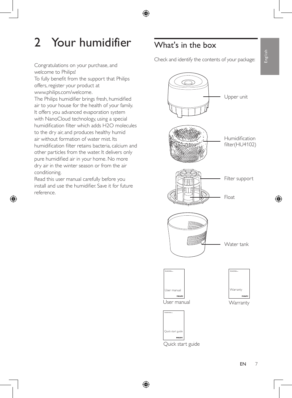 2 your humidifier, What's in the box | Philips Luftbefeuchter User Manual | Page 7 / 116