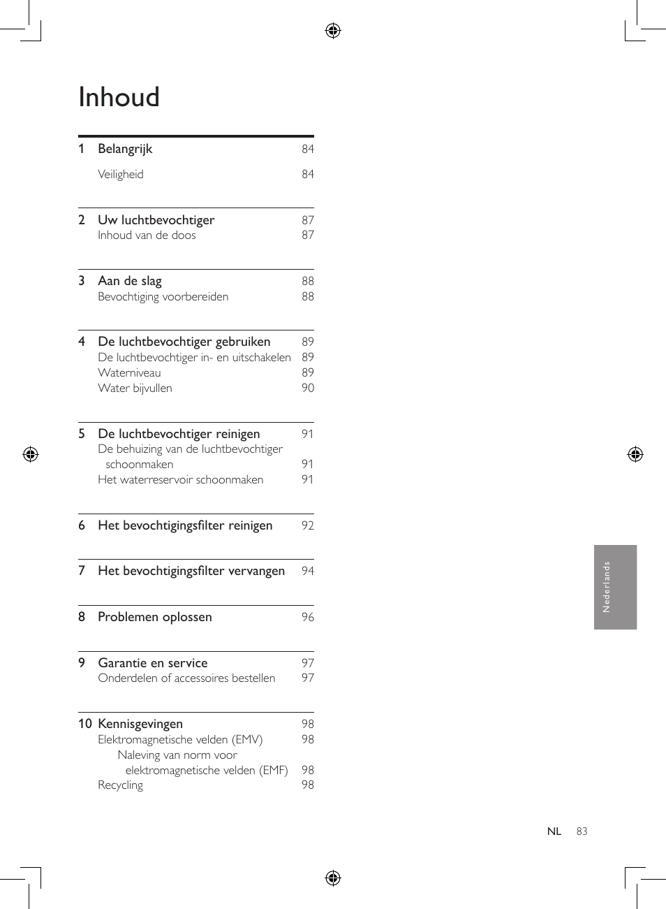 Inhoud | Philips Luftbefeuchter User Manual | Page 83 / 116