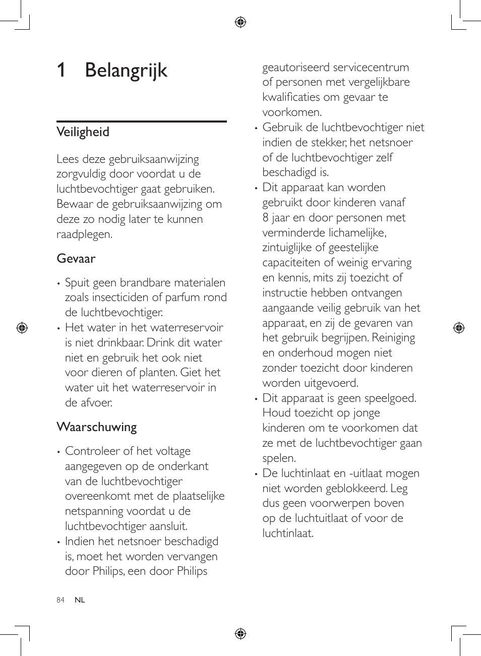 1 belangrijk, Veiligheid, Gevaar | Waarschuwing | Philips Luftbefeuchter User Manual | Page 84 / 116