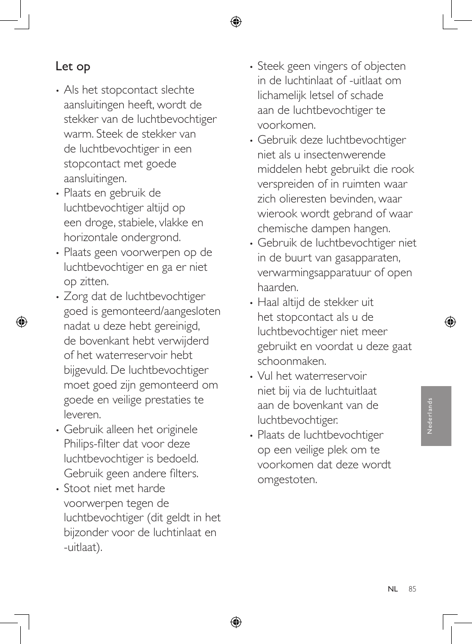 Let op | Philips Luftbefeuchter User Manual | Page 85 / 116