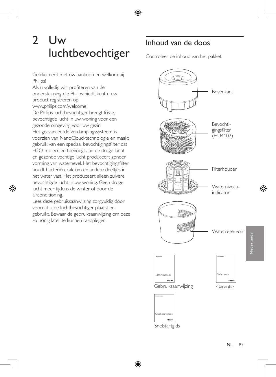 2 uw luchtbevochtiger, Inhoud van de doos | Philips Luftbefeuchter User Manual | Page 87 / 116