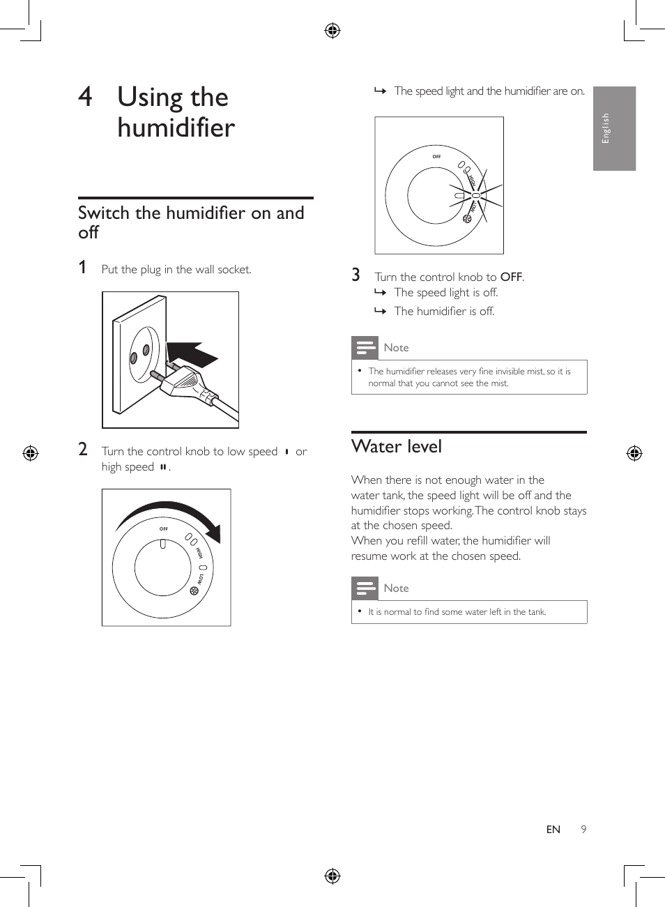 4 using the humidifier, Switch the humidifier on and off 1, Water level | Philips Luftbefeuchter User Manual | Page 9 / 116