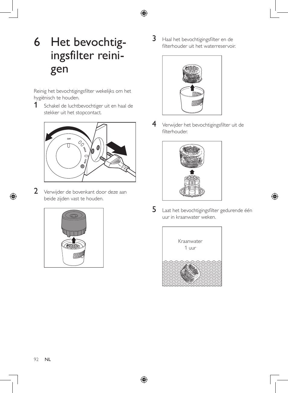 6 het bevochtig- ingsfilter reini- gen | Philips Luftbefeuchter User Manual | Page 92 / 116