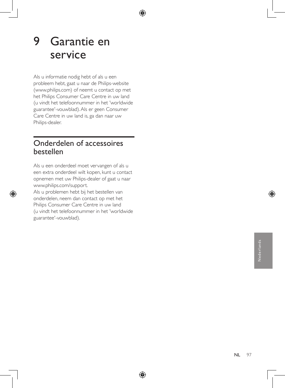 9 garantie en service, Onderdelen of accessoires bestellen | Philips Luftbefeuchter User Manual | Page 97 / 116