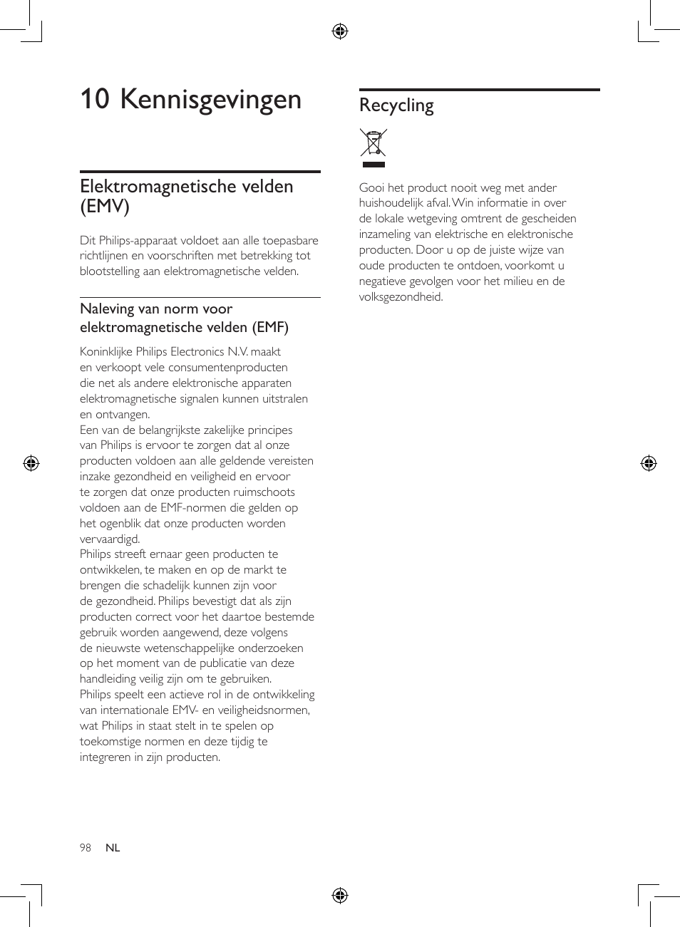 10 kennisgevingen, Recycling, Elektromagnetische velden (emv) | Philips Luftbefeuchter User Manual | Page 98 / 116