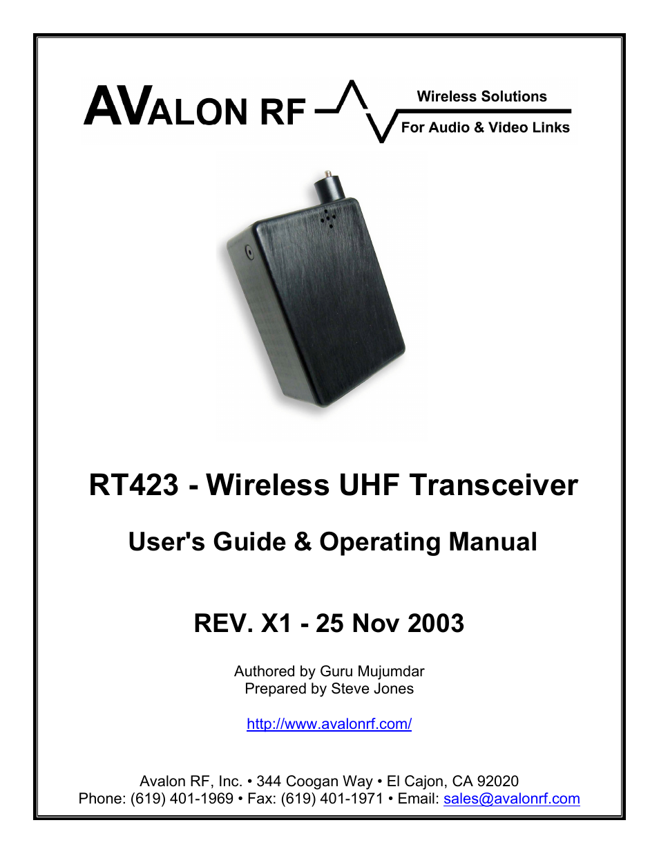 AValon RF RT423 User Manual | 13 pages