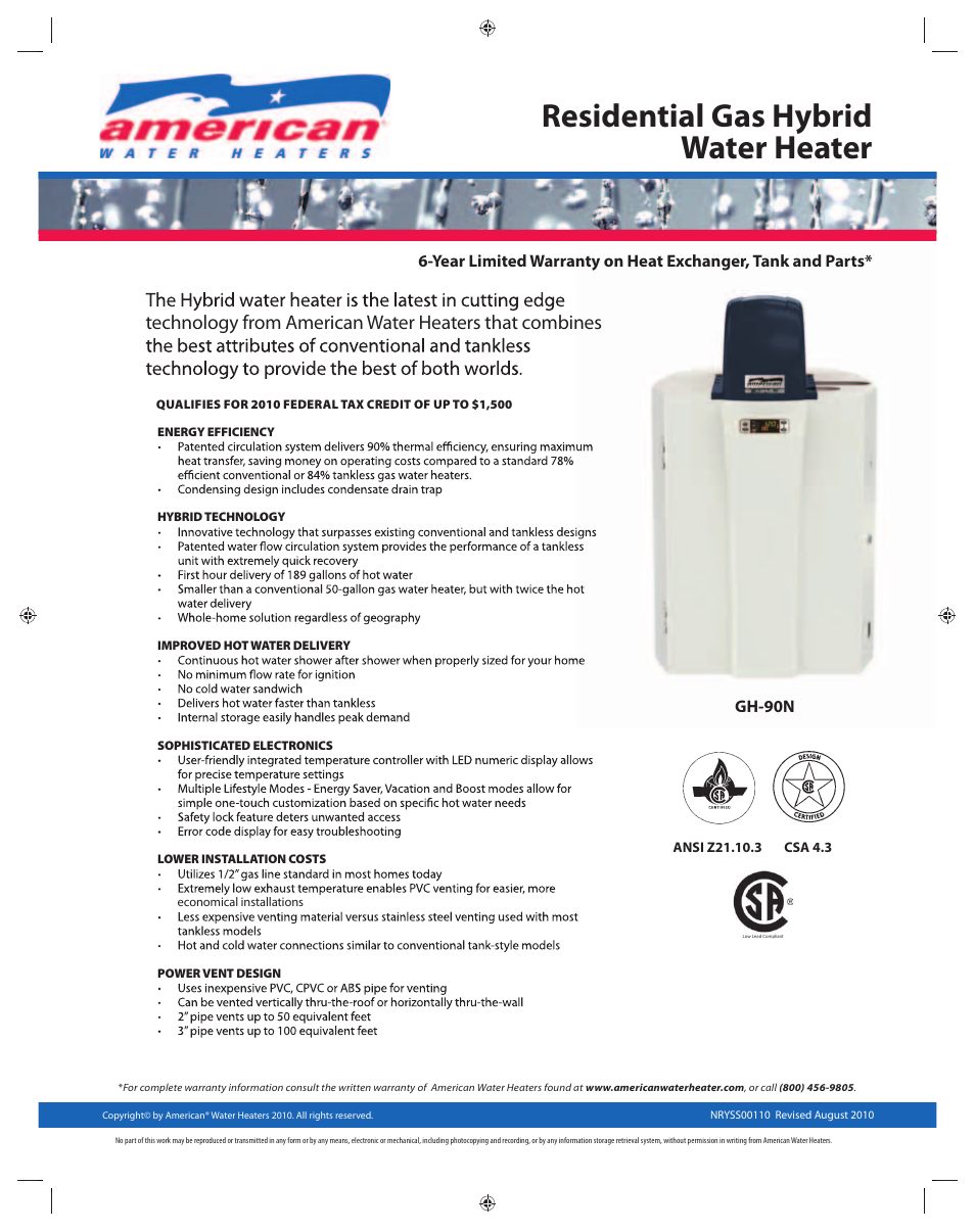 American Water Heater NRYSS00110 User Manual | 2 pages