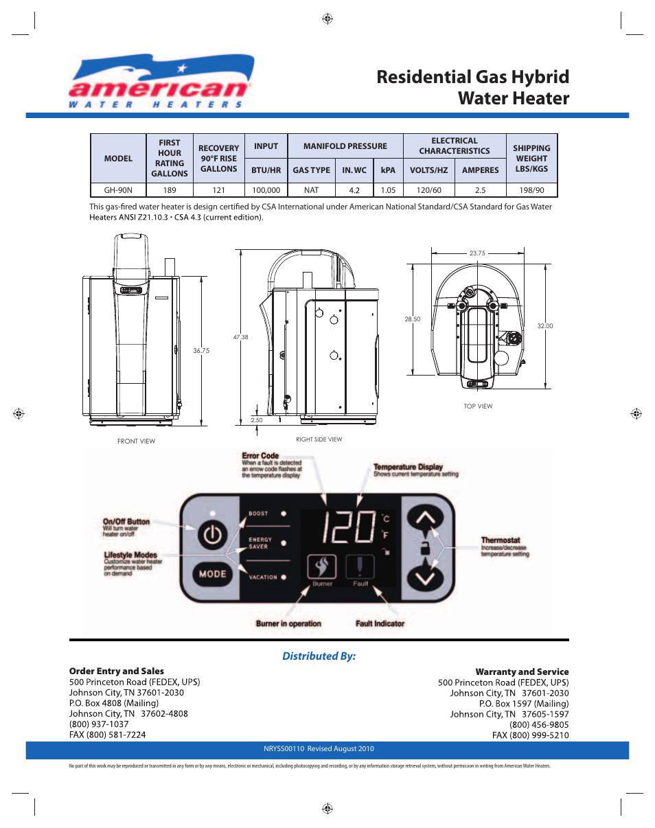 Residential gas hybrid water heater, Distributed by | American Water Heater NRYSS00110 User Manual | Page 2 / 2