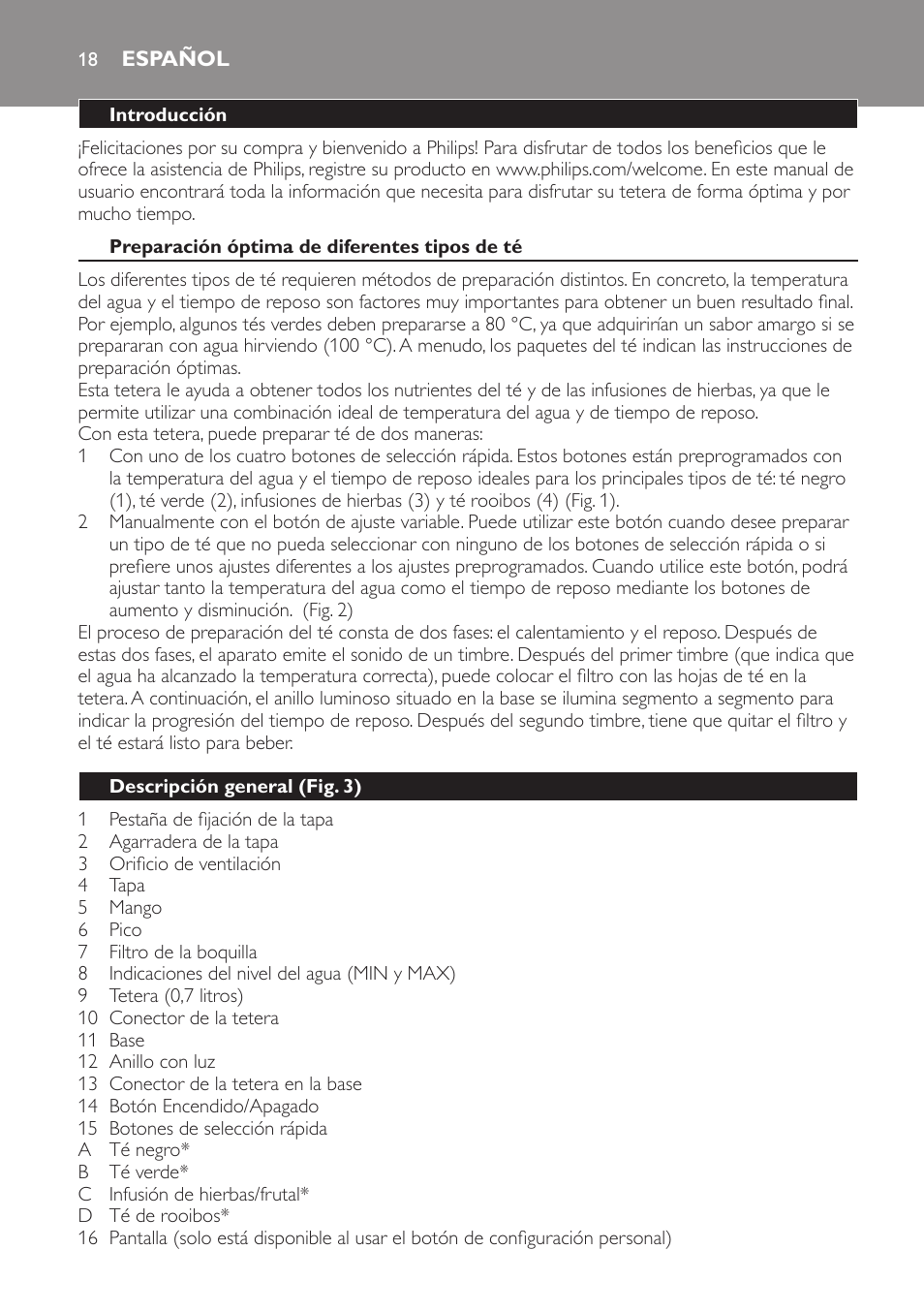 Español | Philips Teezubereiter User Manual | Page 18 / 72