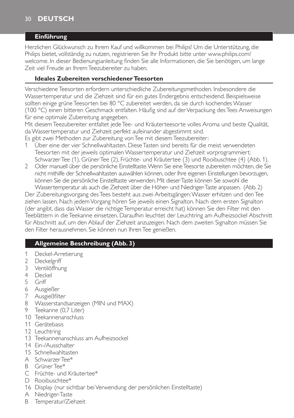 Deutsch, Deutsch 30 | Philips Teezubereiter User Manual | Page 30 / 72