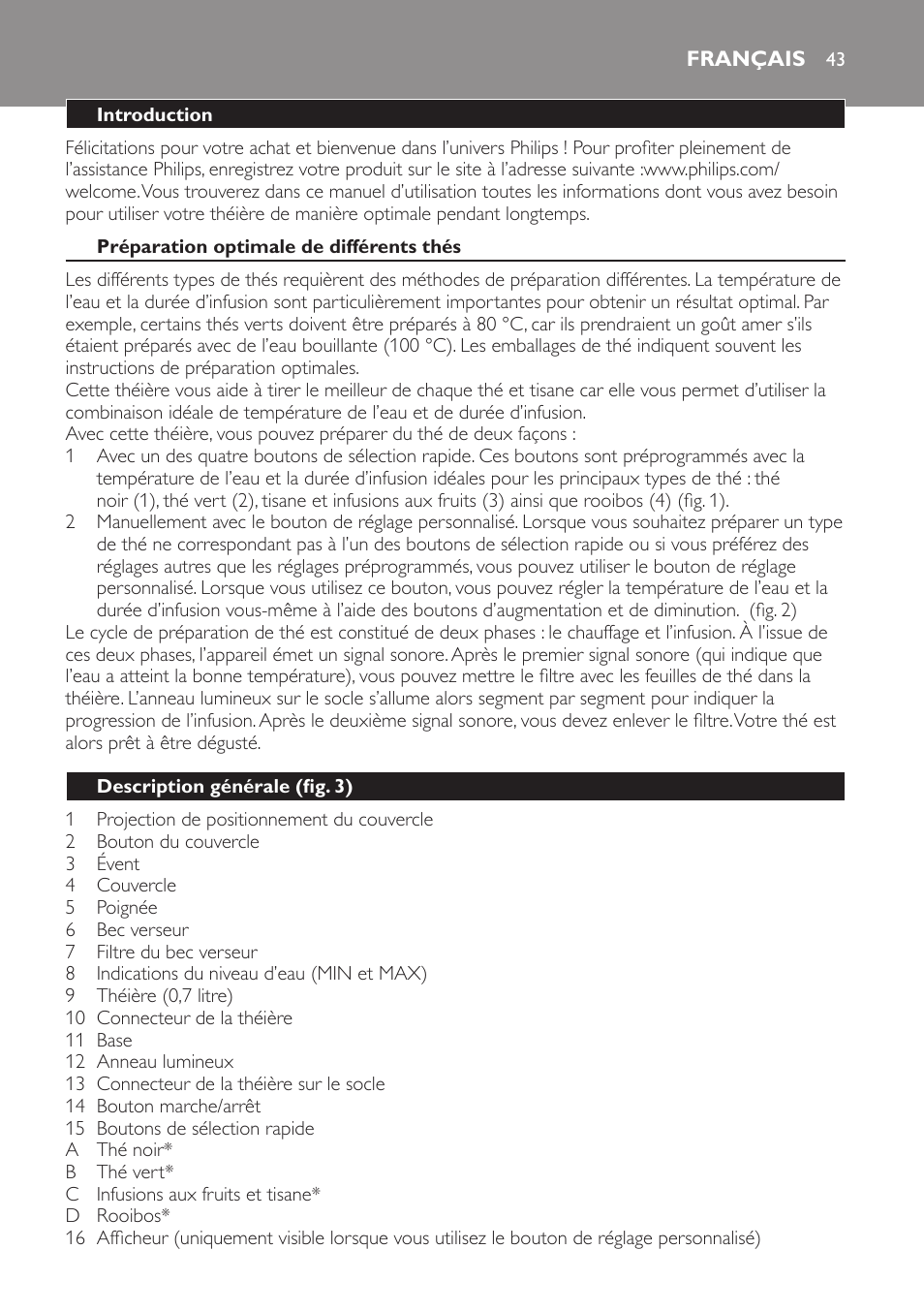 Français, Français 43 | Philips Teezubereiter User Manual | Page 43 / 72