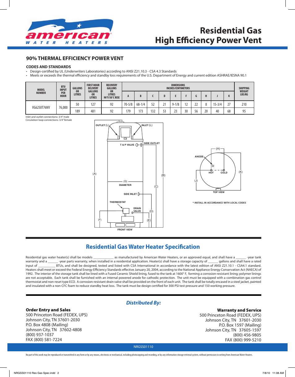 Residential gas high efficiency power vent, Residential gas water heater specification, Distributed by | 90% thermal efficiency power vent | American Water Heater 319339-000 User Manual | Page 2 / 2