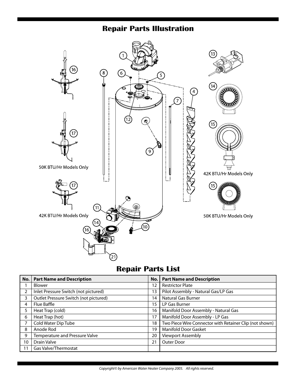 Repair parts illustration repair parts list | American Water Heater Powerflex PDVG-50T42 User Manual | Page 2 / 4