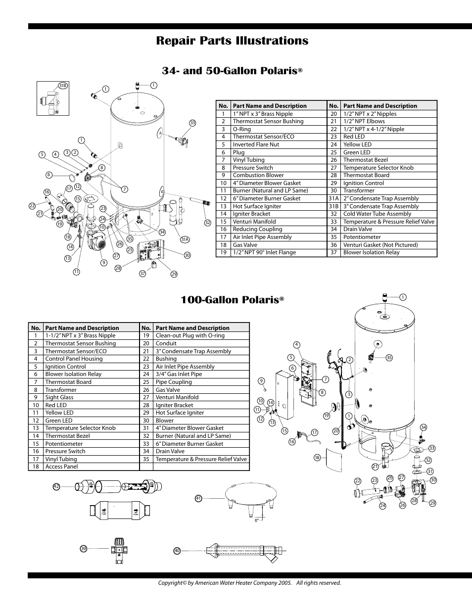 Repair parts illustrations, And 50-gallon polaris, Gallon polaris | American Water Heater Polaris plus PR User Manual | Page 2 / 4