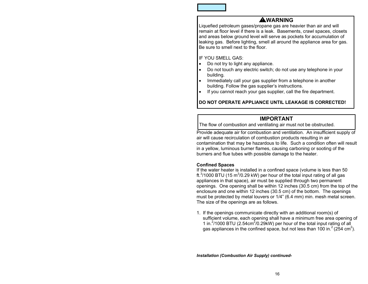 Combustion air supply | American Water Heater GAS-FIRED COMMERCIAL WATER HEATER User Manual | Page 16 / 44