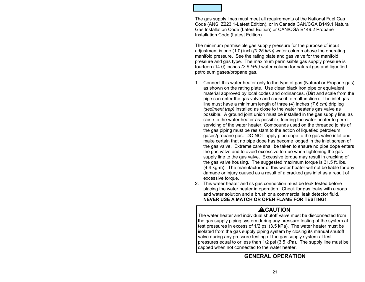 Gas connections | American Water Heater GAS-FIRED COMMERCIAL WATER HEATER User Manual | Page 21 / 44