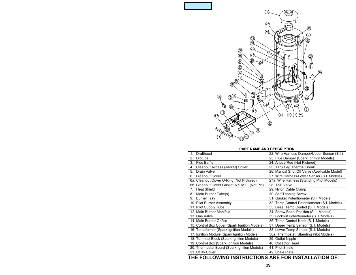 Parts list & drawing, Index, The following instructions are for installation of | American Water Heater GAS-FIRED COMMERCIAL WATER HEATER User Manual | Page 39 / 44