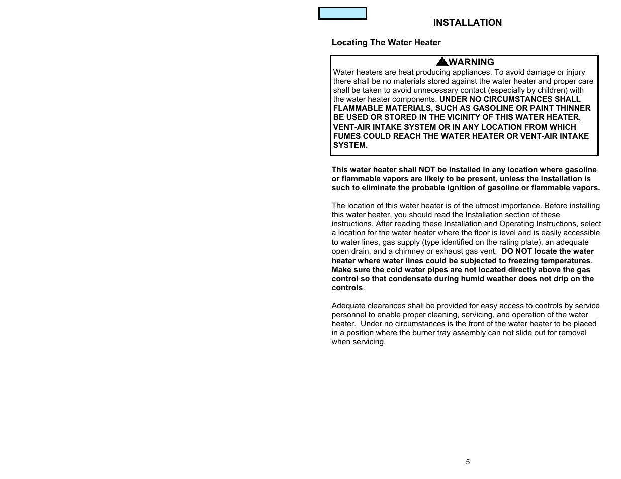 Installation, Locating the water heater | American Water Heater GAS-FIRED COMMERCIAL WATER HEATER User Manual | Page 5 / 44