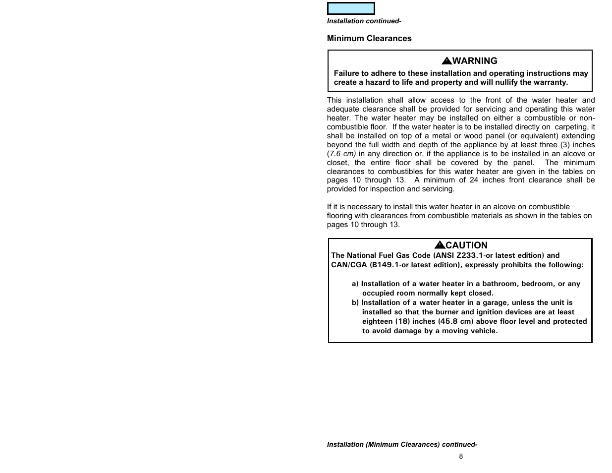 Minimum clearances | American Water Heater GAS-FIRED COMMERCIAL WATER HEATER User Manual | Page 8 / 44