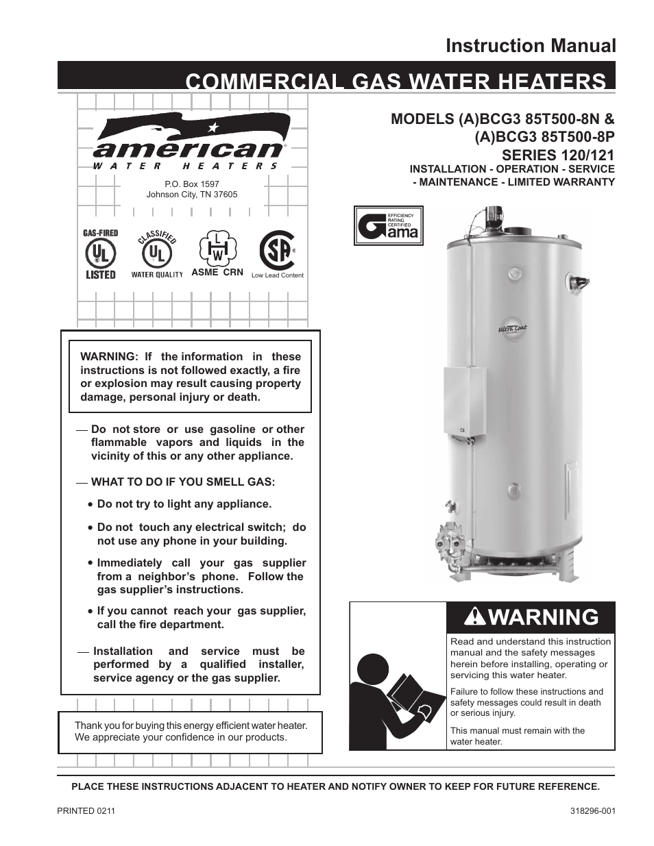 American Water Heater (A)BCG3 85T500-8N User Manual | 52 pages