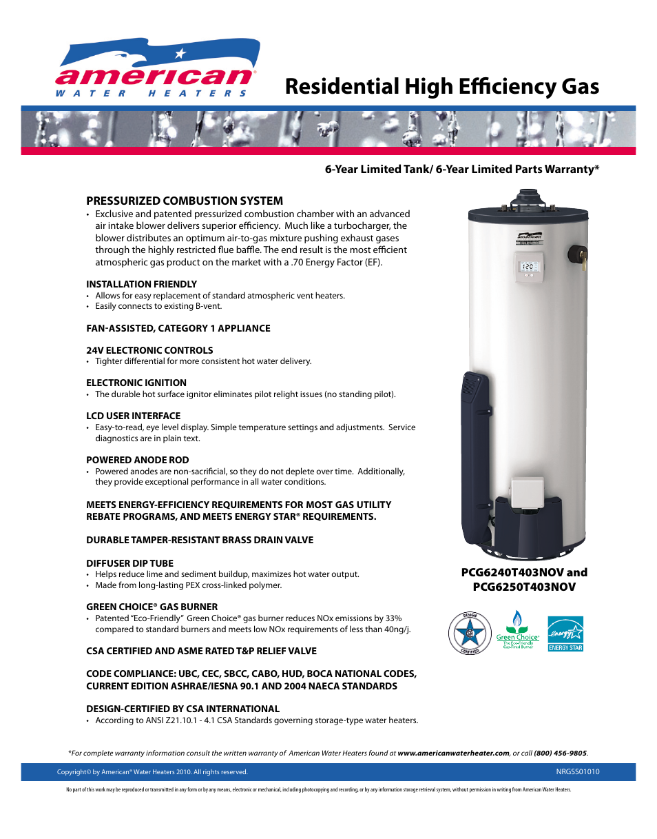 American Water Heater NRGSS01010 User Manual | 2 pages