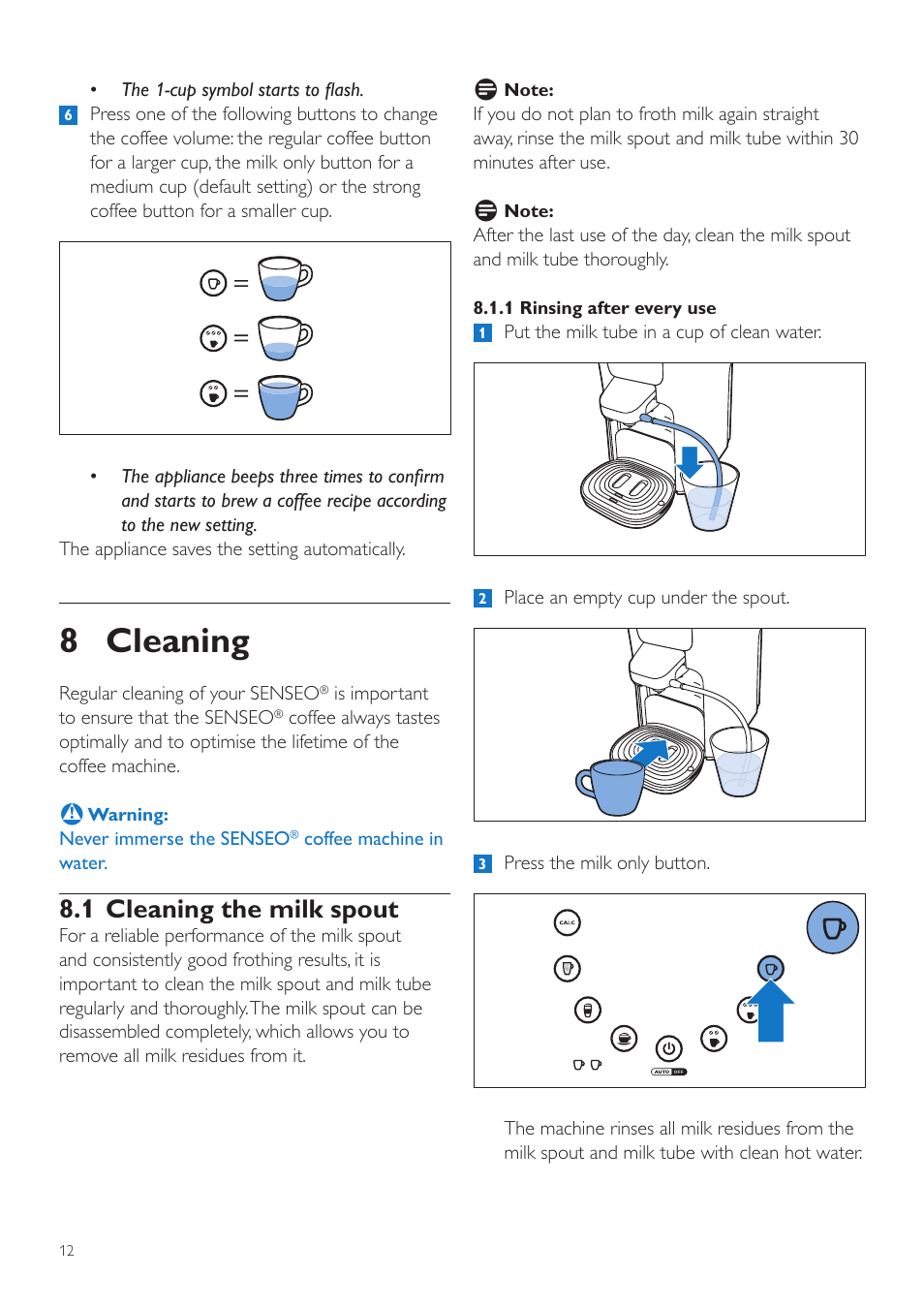 8 cleaning, 1 cleaning the milk spout | Philips SENSEO® Latte Duo Kaffeepadmaschine User Manual | Page 12 / 76