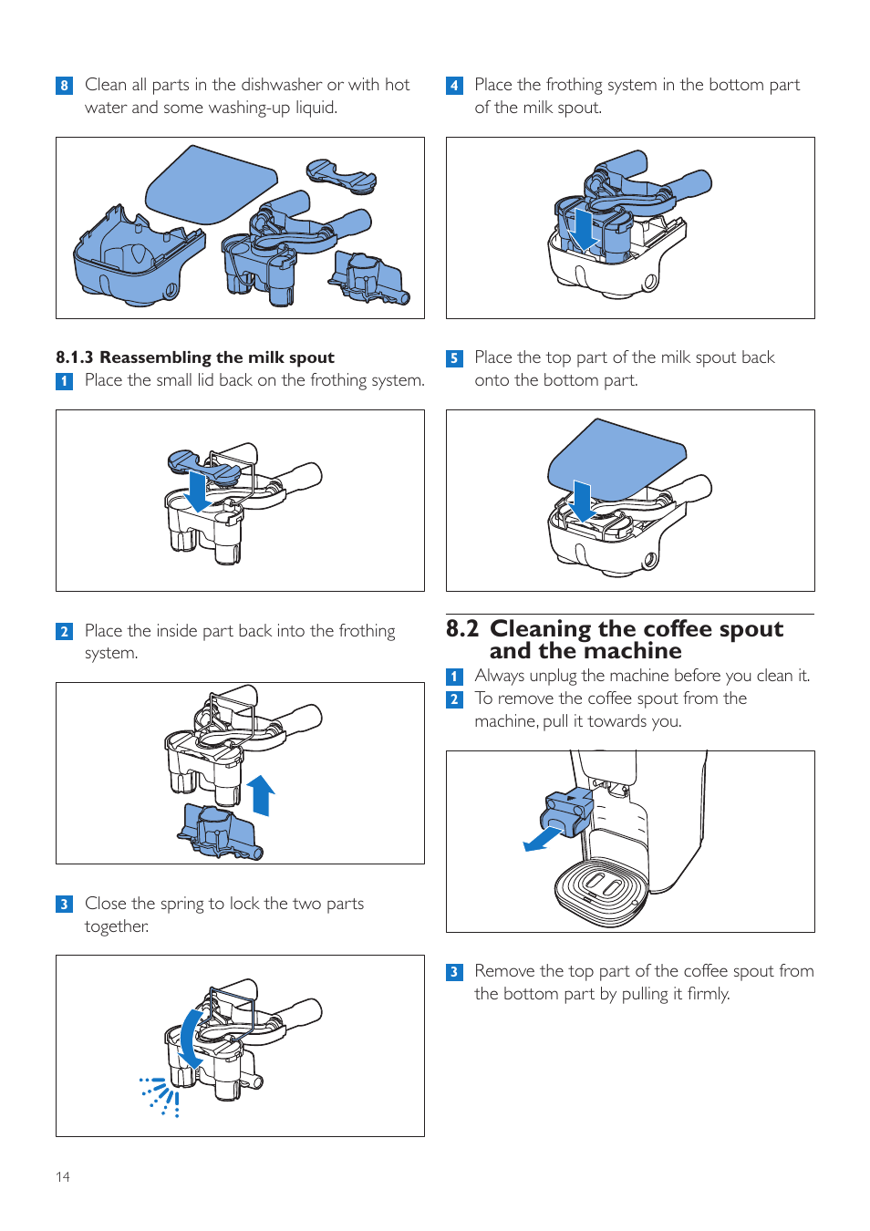 2 cleaning the coffee spout and the machine | Philips SENSEO® Latte Duo Kaffeepadmaschine User Manual | Page 14 / 76