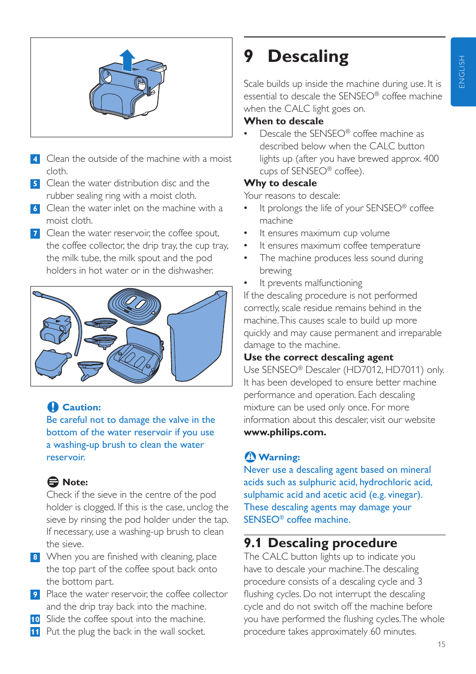 9 descaling, 1 descaling procedure | Philips SENSEO® Latte Duo Kaffeepadmaschine User Manual | Page 15 / 76
