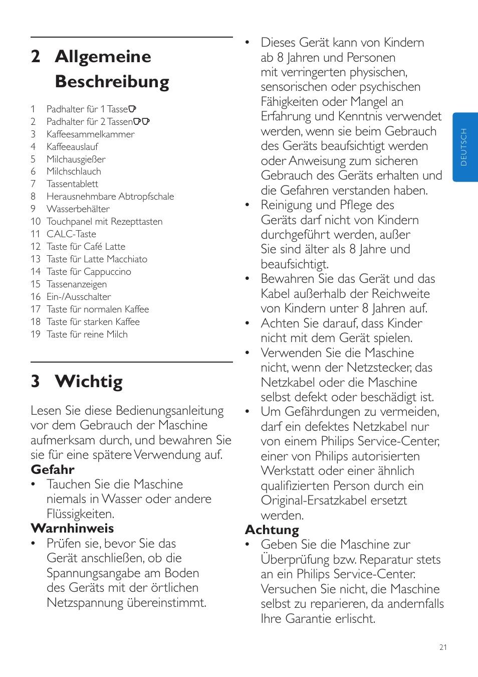 2 allgemeine beschreibung, 3 wichtig | Philips SENSEO® Latte Duo Kaffeepadmaschine User Manual | Page 21 / 76