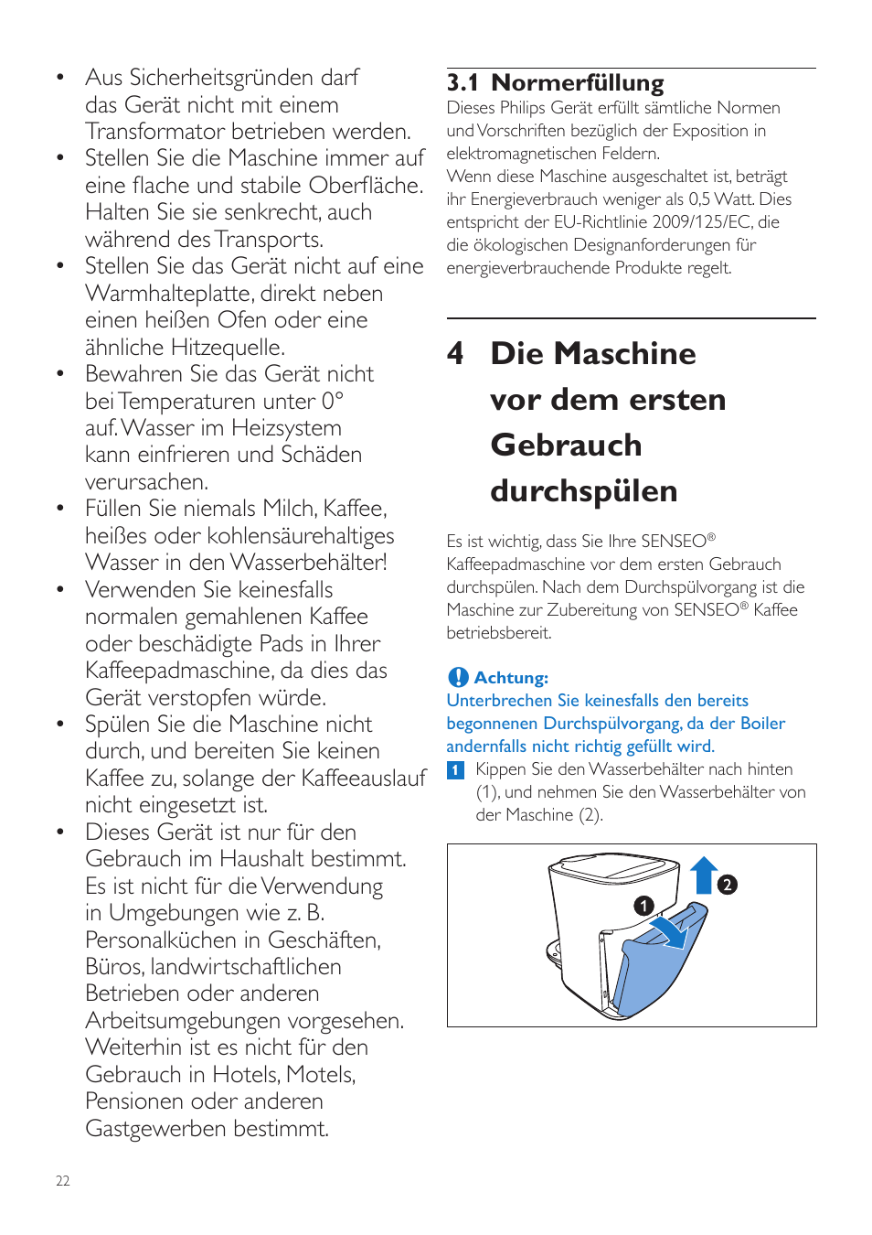 4 die maschine vor dem ersten gebrauch durchspülen | Philips SENSEO® Latte Duo Kaffeepadmaschine User Manual | Page 22 / 76