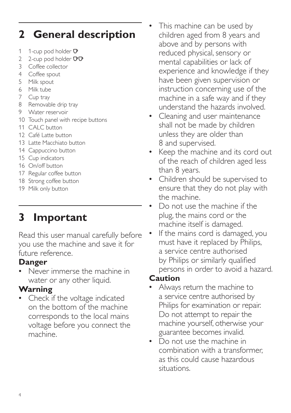 2 general description, 3 important | Philips SENSEO® Latte Duo Kaffeepadmaschine User Manual | Page 4 / 76