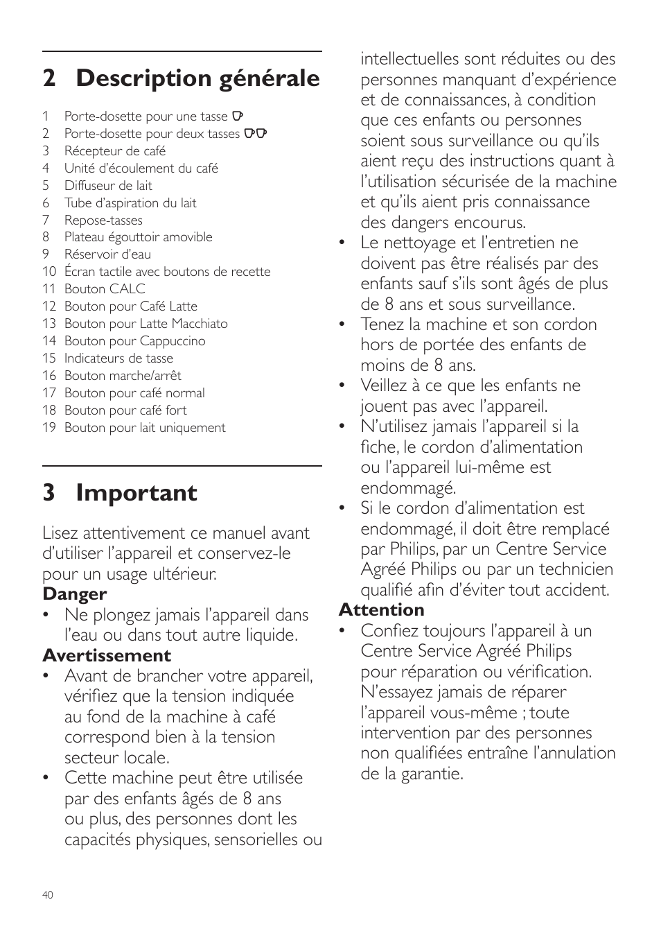 2 description générale, 3 important | Philips SENSEO® Latte Duo Kaffeepadmaschine User Manual | Page 40 / 76