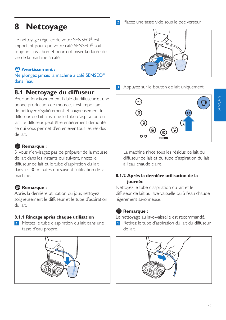 8 nettoyage, 1 nettoyage du diffuseur | Philips SENSEO® Latte Duo Kaffeepadmaschine User Manual | Page 49 / 76