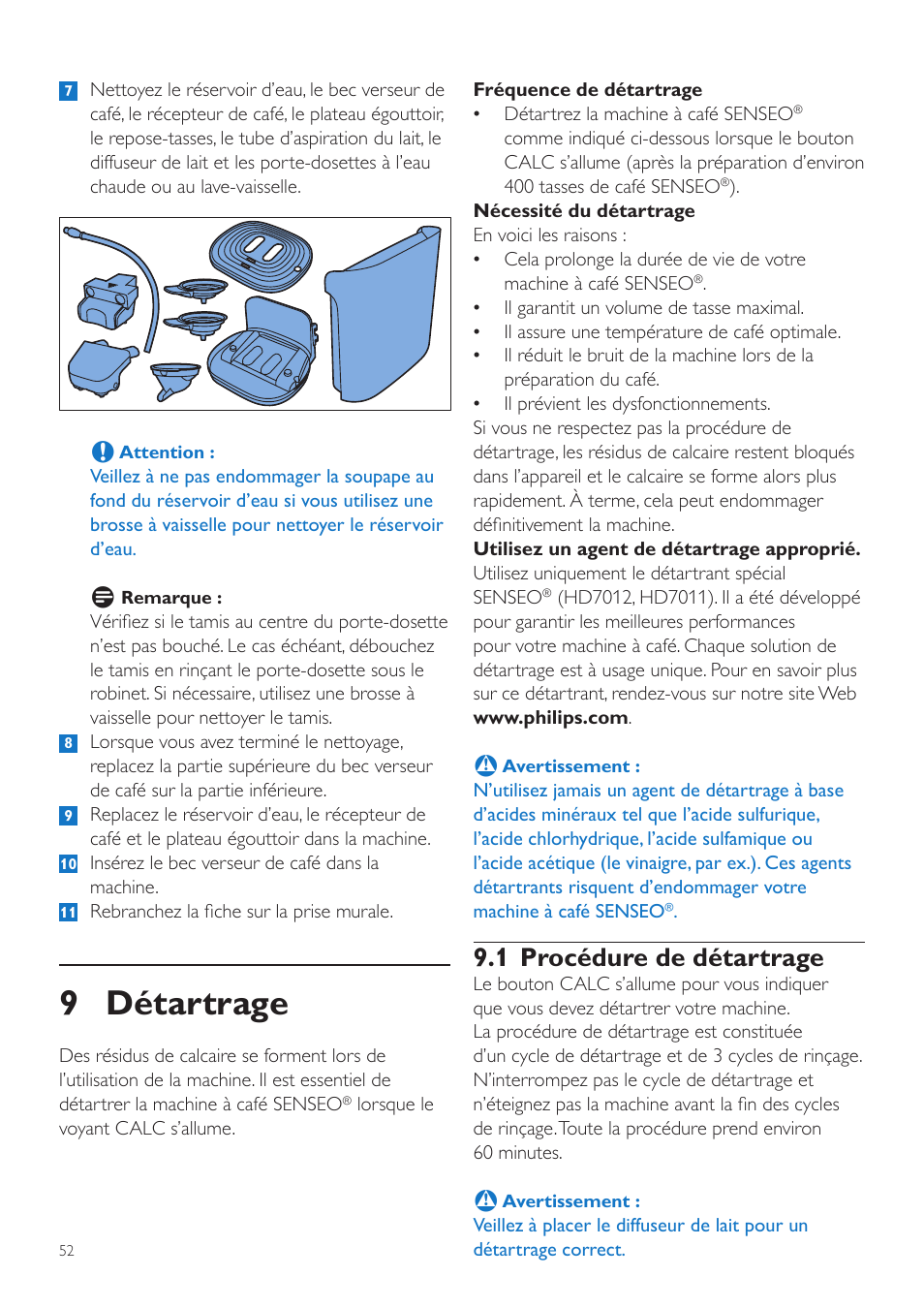 9 détartrage, 1 procédure de détartrage | Philips SENSEO® Latte Duo Kaffeepadmaschine User Manual | Page 52 / 76