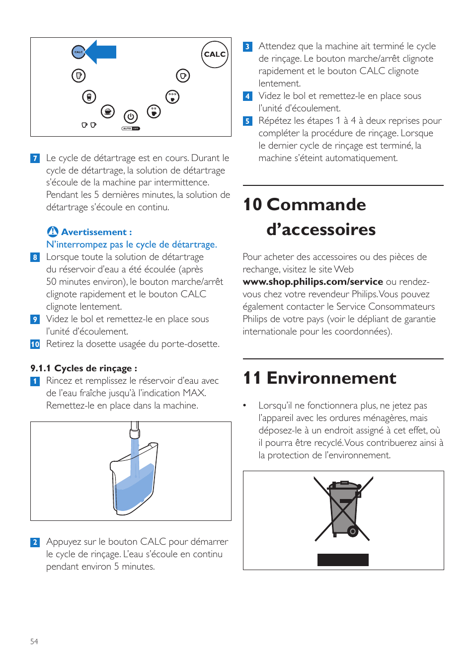 10 commande d’accessoires, 11 environnement | Philips SENSEO® Latte Duo Kaffeepadmaschine User Manual | Page 54 / 76