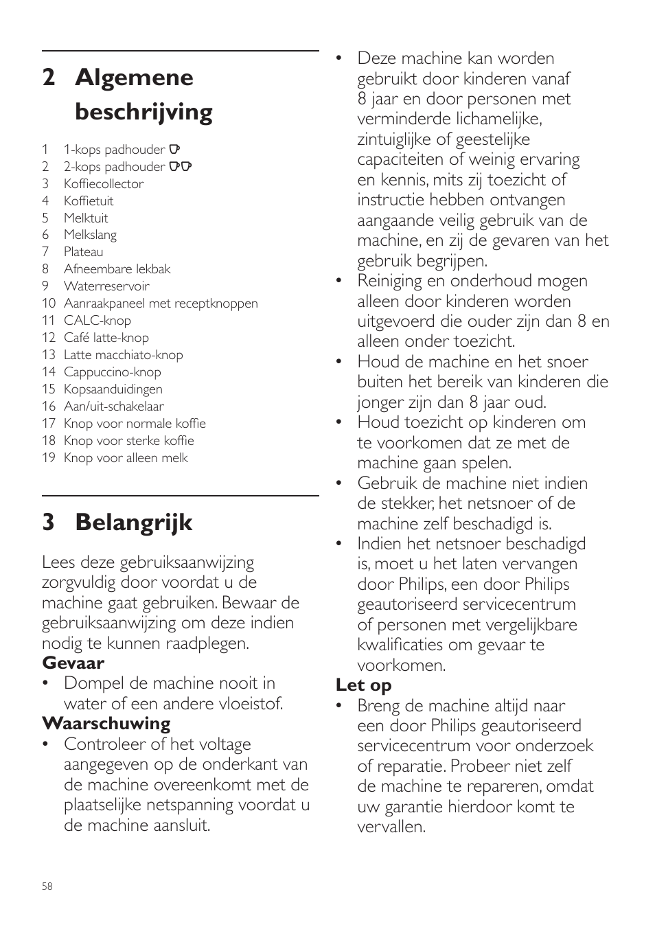 2 algemene beschrijving, 3 belangrijk | Philips SENSEO® Latte Duo Kaffeepadmaschine User Manual | Page 58 / 76