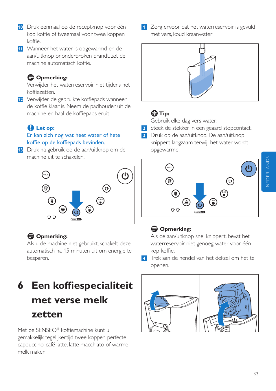 6 een koffiespecialiteit met verse melk zetten | Philips SENSEO® Latte Duo Kaffeepadmaschine User Manual | Page 63 / 76